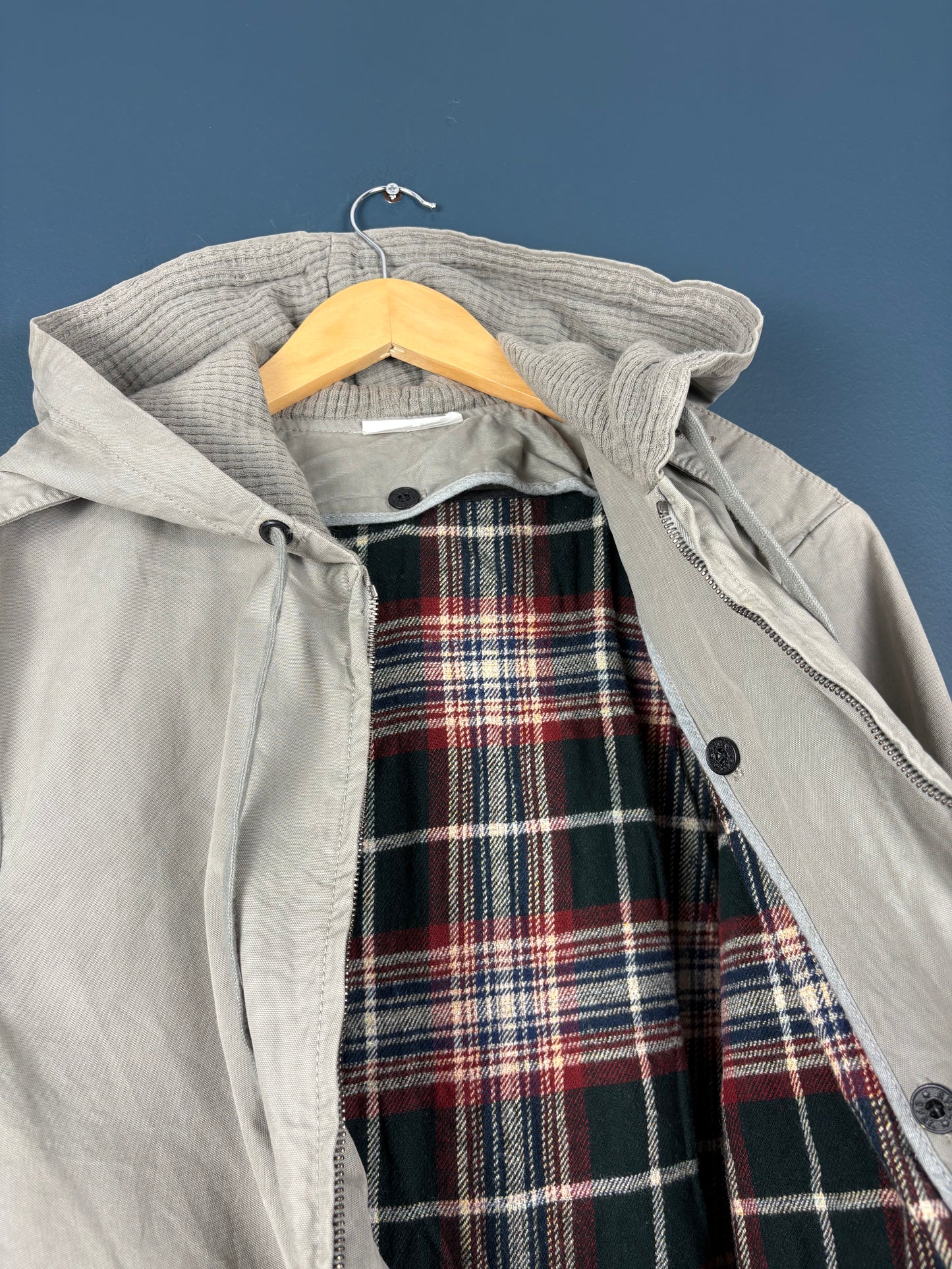 Vintage 90s Workwear Double Zip Beige Grey Hooded Jacket (M)