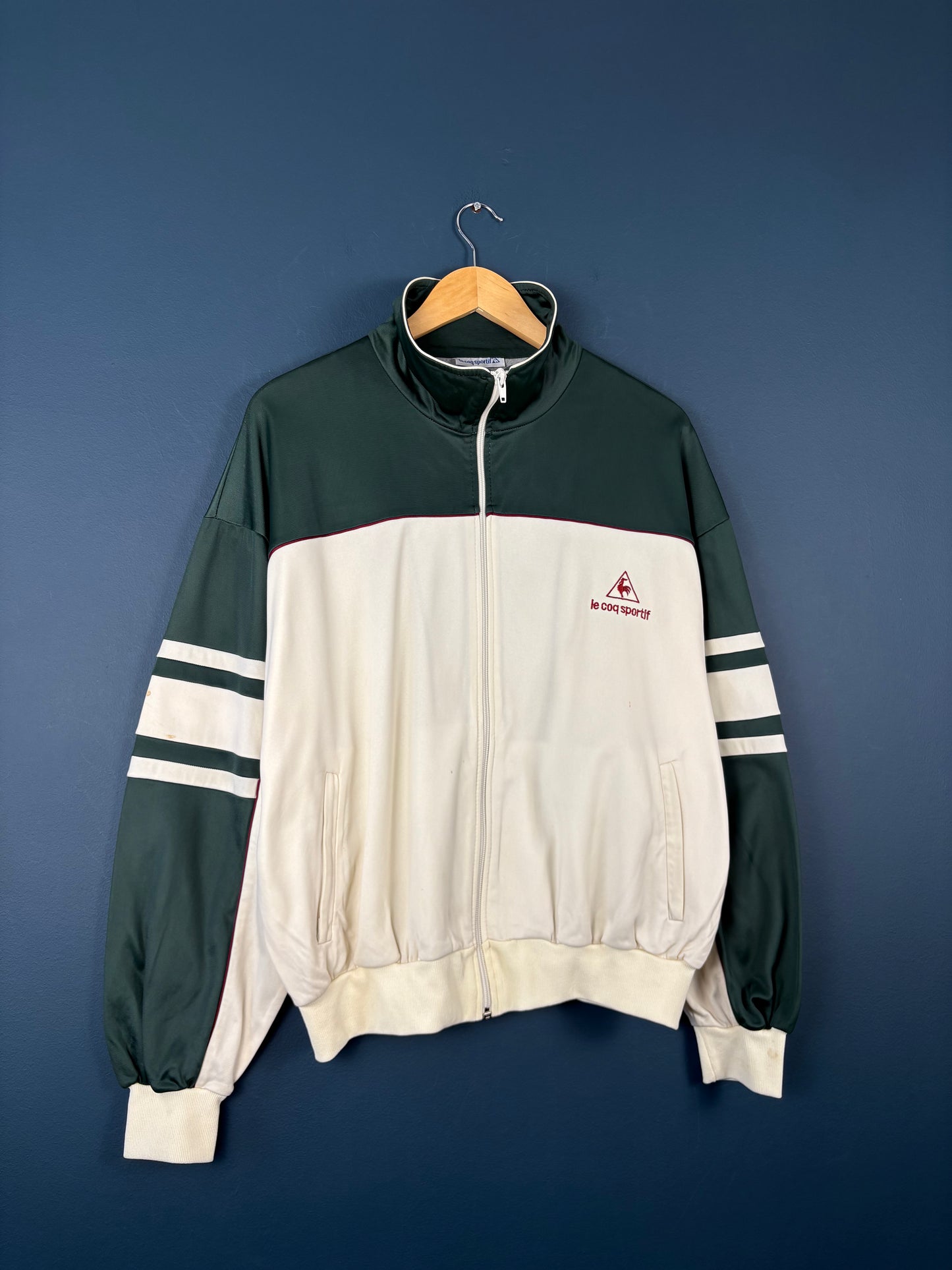 Vintage 90s Le Coq Sportif Cream + Green Track Top (L)