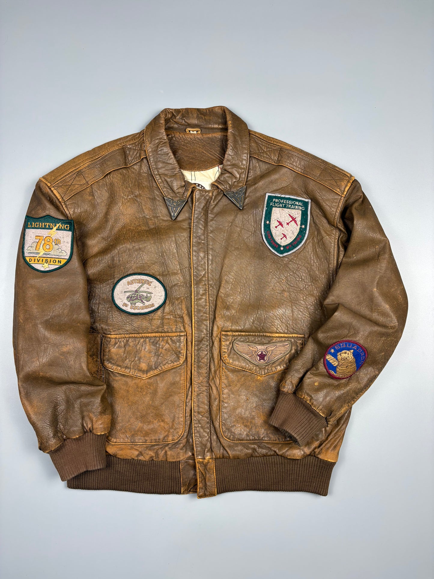 Vintage 1990s Global Identity Patched Aviation Leather Jacket (M)