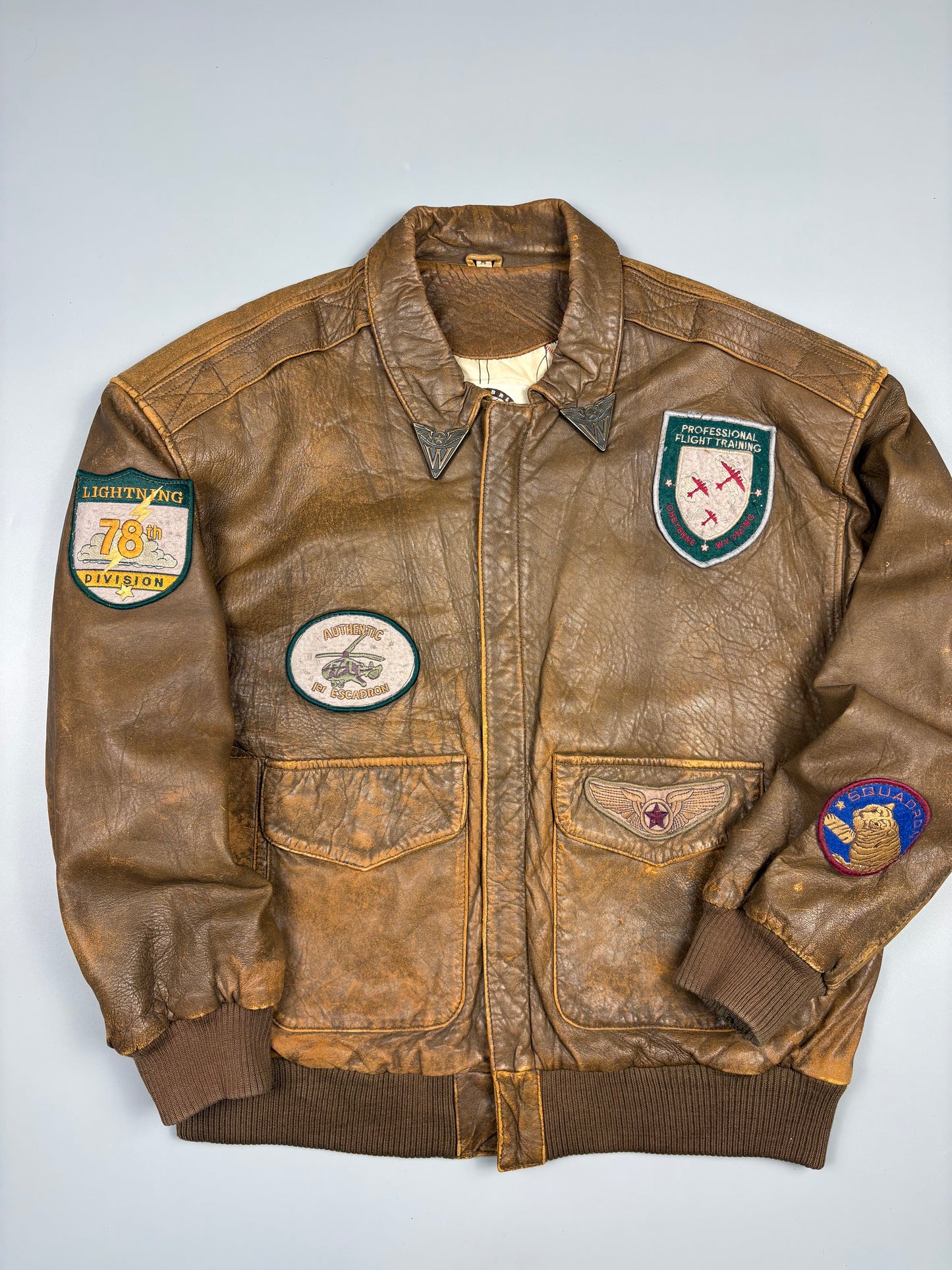 Vintage 1990s Global Identity Patched Aviation Leather Jacket (M)