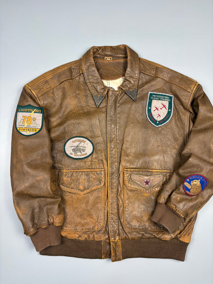 Vintage 1990s Global Identity Patched Aviation Leather Jacket (M)