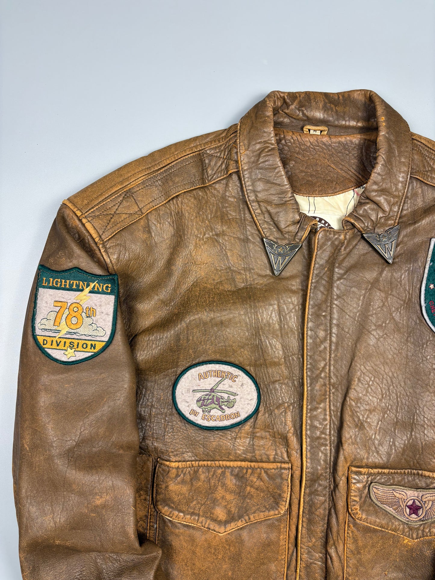 Vintage 1990s Global Identity Patched Aviation Leather Jacket (M)