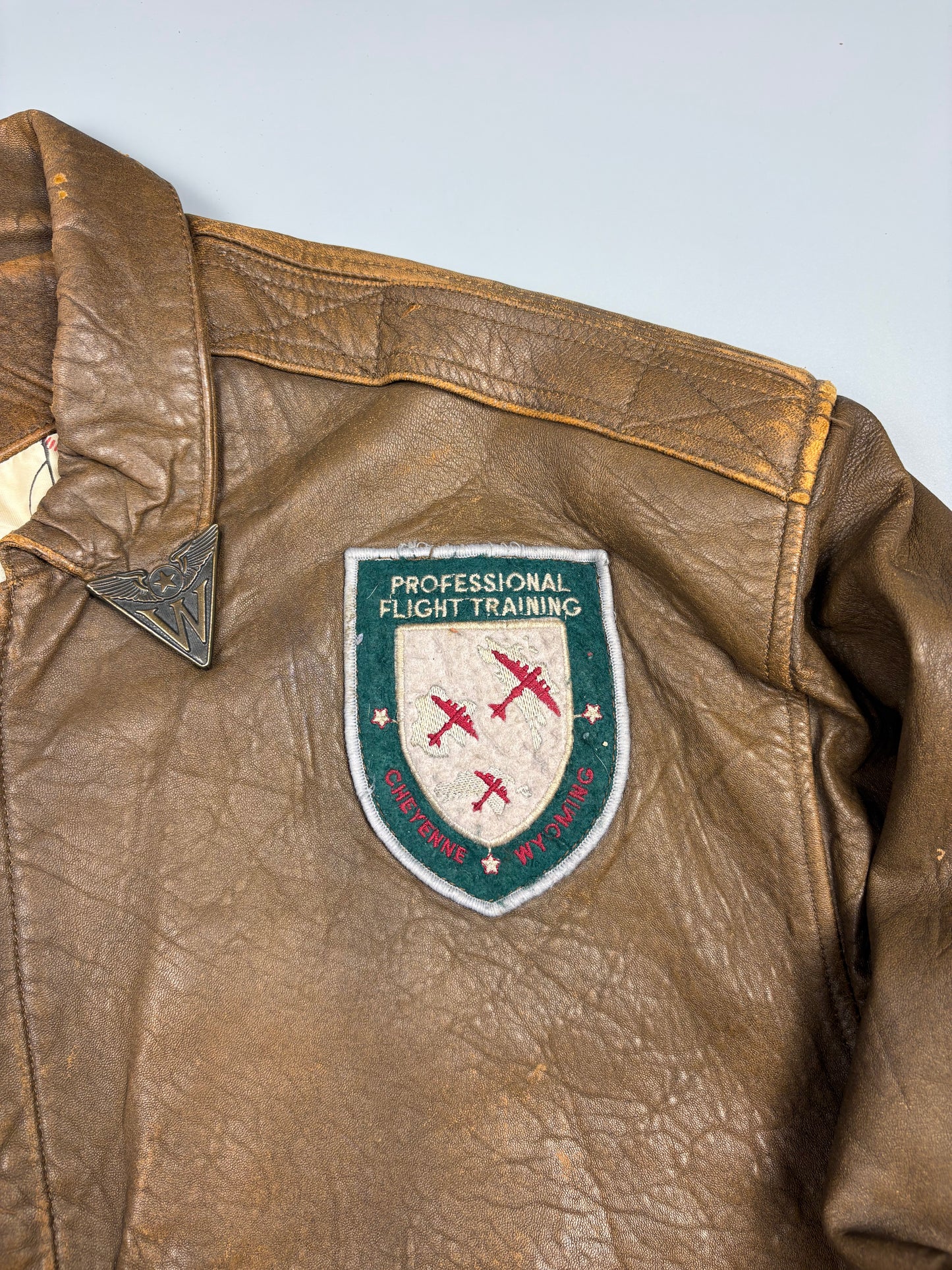 Vintage 1990s Global Identity Patched Aviation Leather Jacket (M)