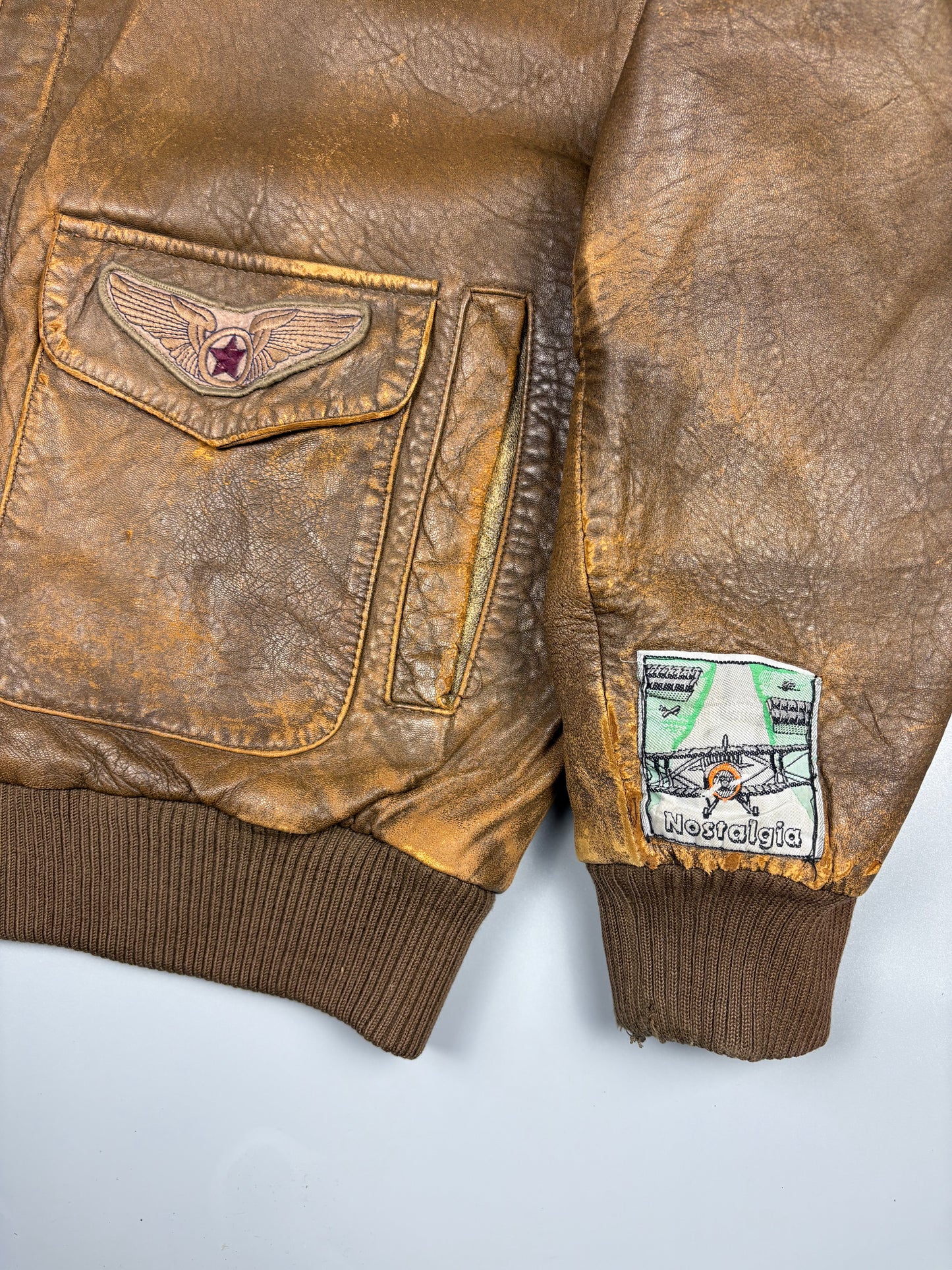 Vintage 1990s Global Identity Patched Aviation Leather Jacket (M)