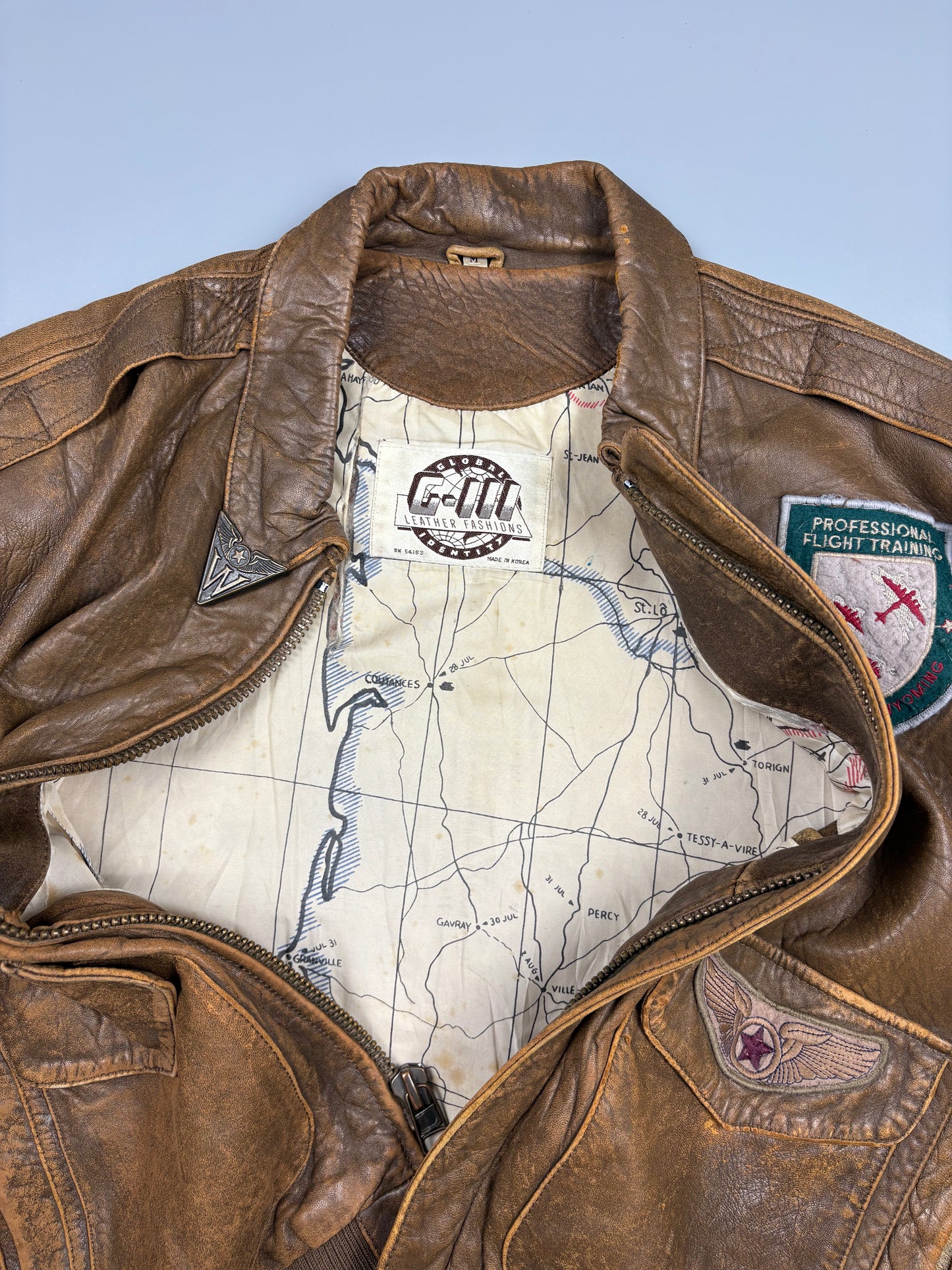 Vintage 1990s Global Identity Patched Aviation Leather Jacket (M)