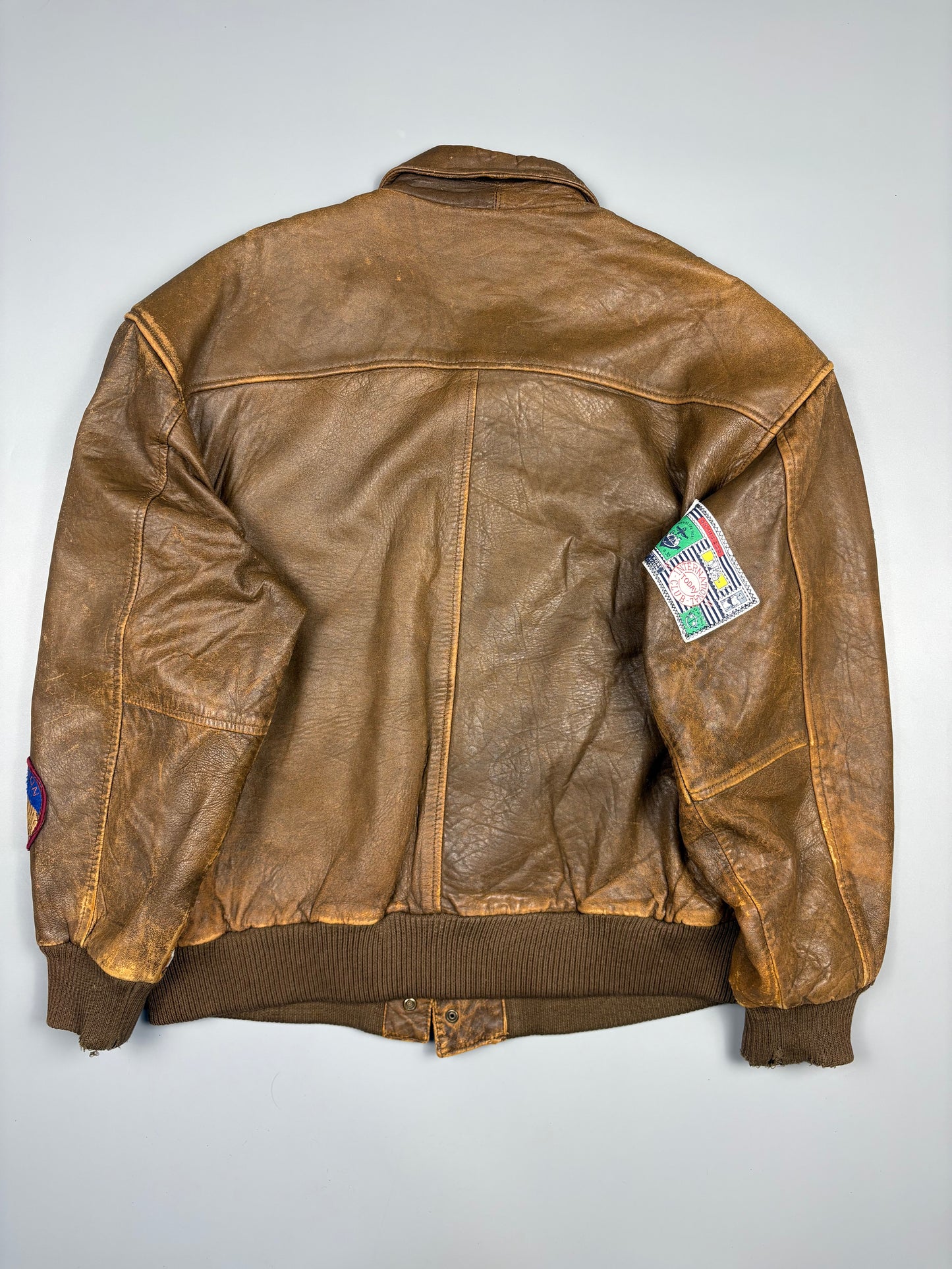 Vintage 1990s Global Identity Patched Aviation Leather Jacket (M)