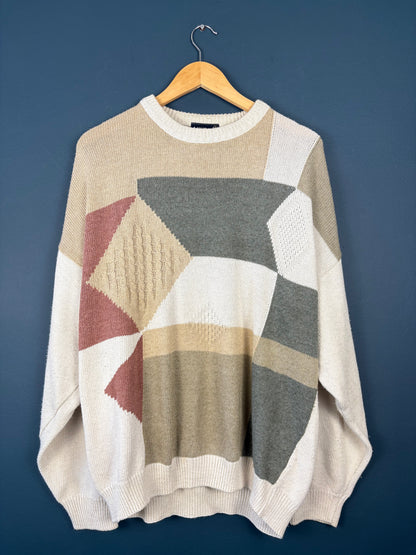Vintage 90s Geometric Pastel Cream Knit Jumper (XL)