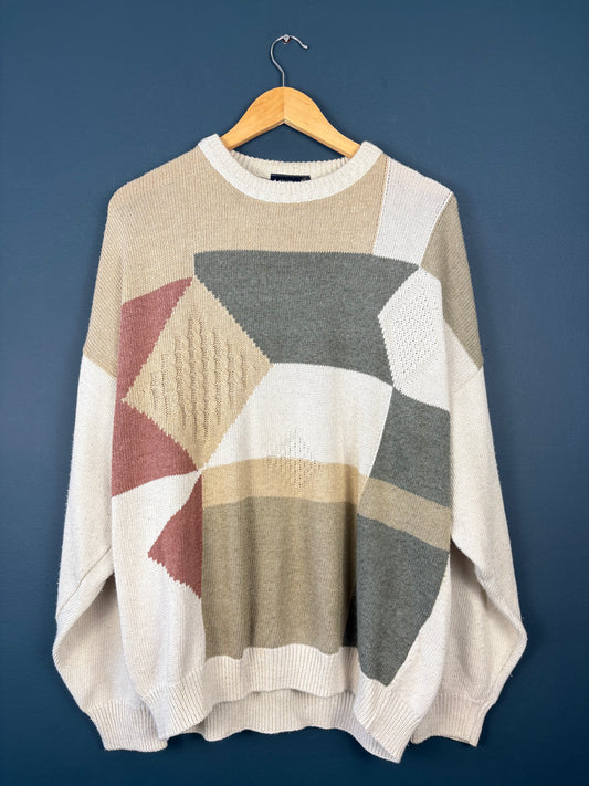 Vintage 90s Geometric Pastel Cream Knit Jumper (XL)