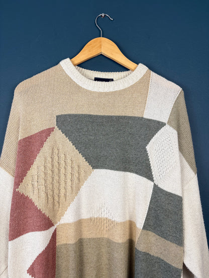 Vintage 90s Geometric Pastel Cream Knit Jumper (XL)