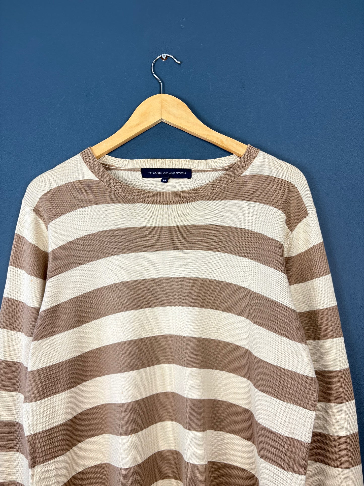 Vintage French Connection Brown + Beige Stripe Knit Jumper (M)