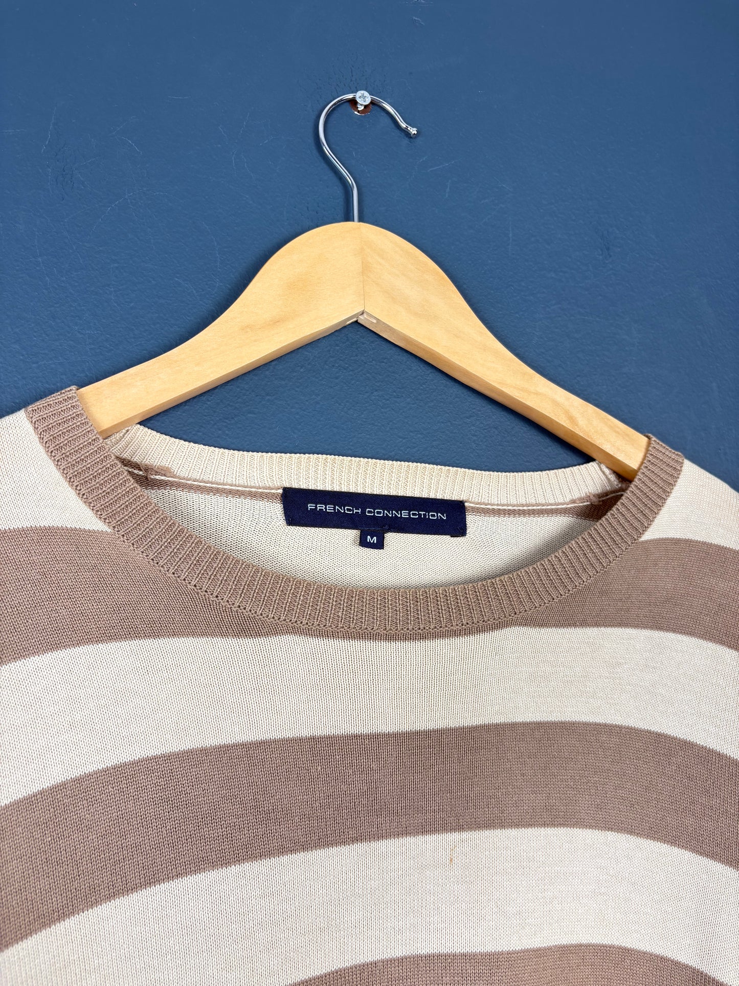 Vintage French Connection Brown + Beige Stripe Knit Jumper (M)