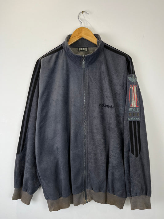 Vintage Adidas 90s One World Grey Velour Track Jacket (XL)