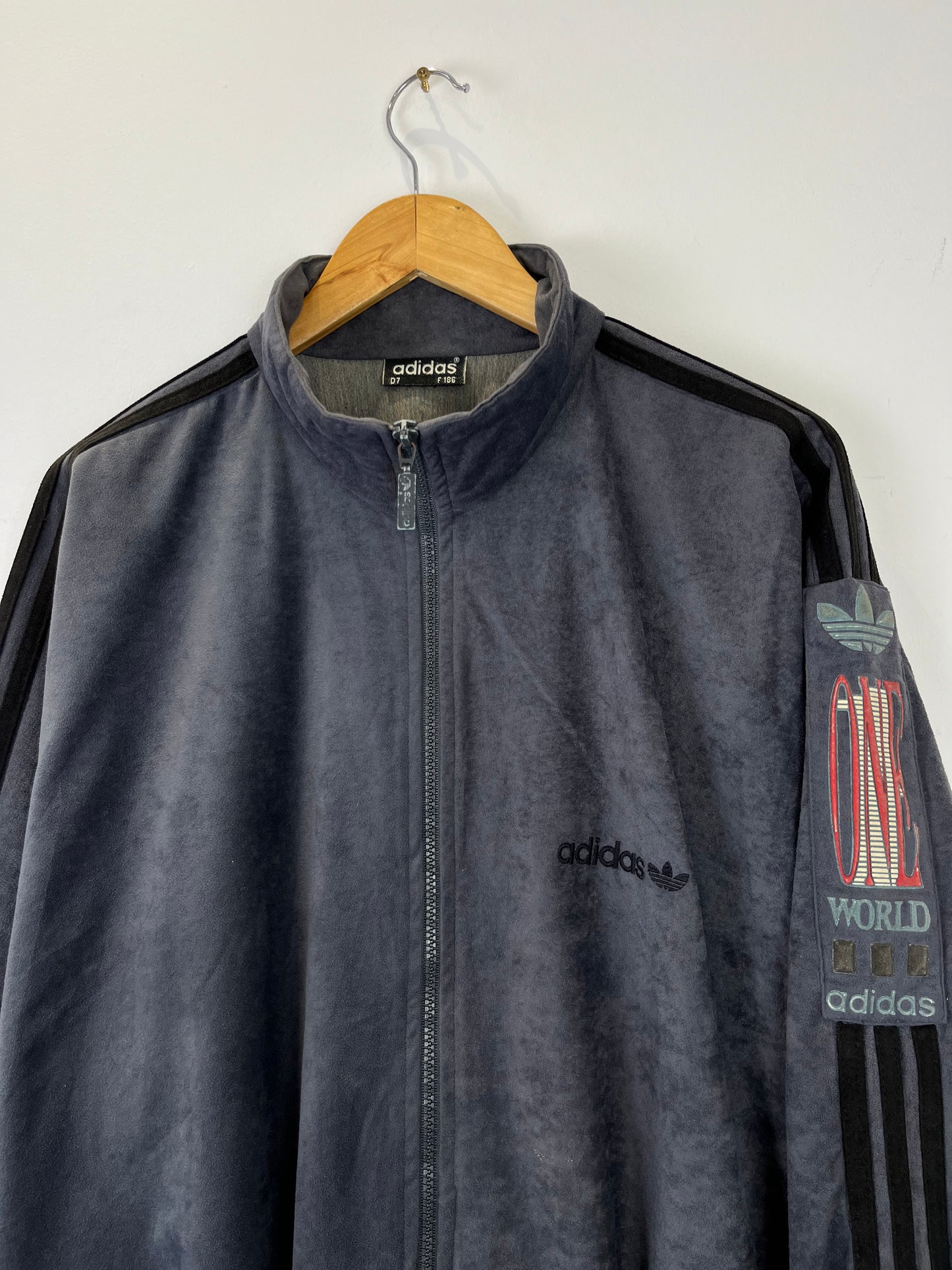 Vintage Adidas 90s One World Grey Velour Track Jacket (XL)