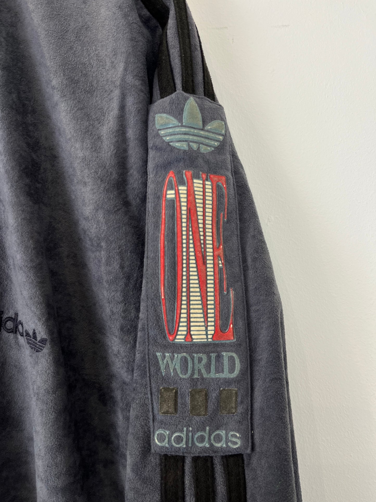 Vintage Adidas 90s One World Grey Velour Track Jacket (XL)