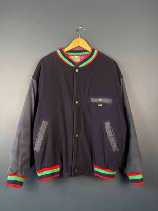 Vintage 90s Think Pink Navy Wool Varsity Jacket (L)