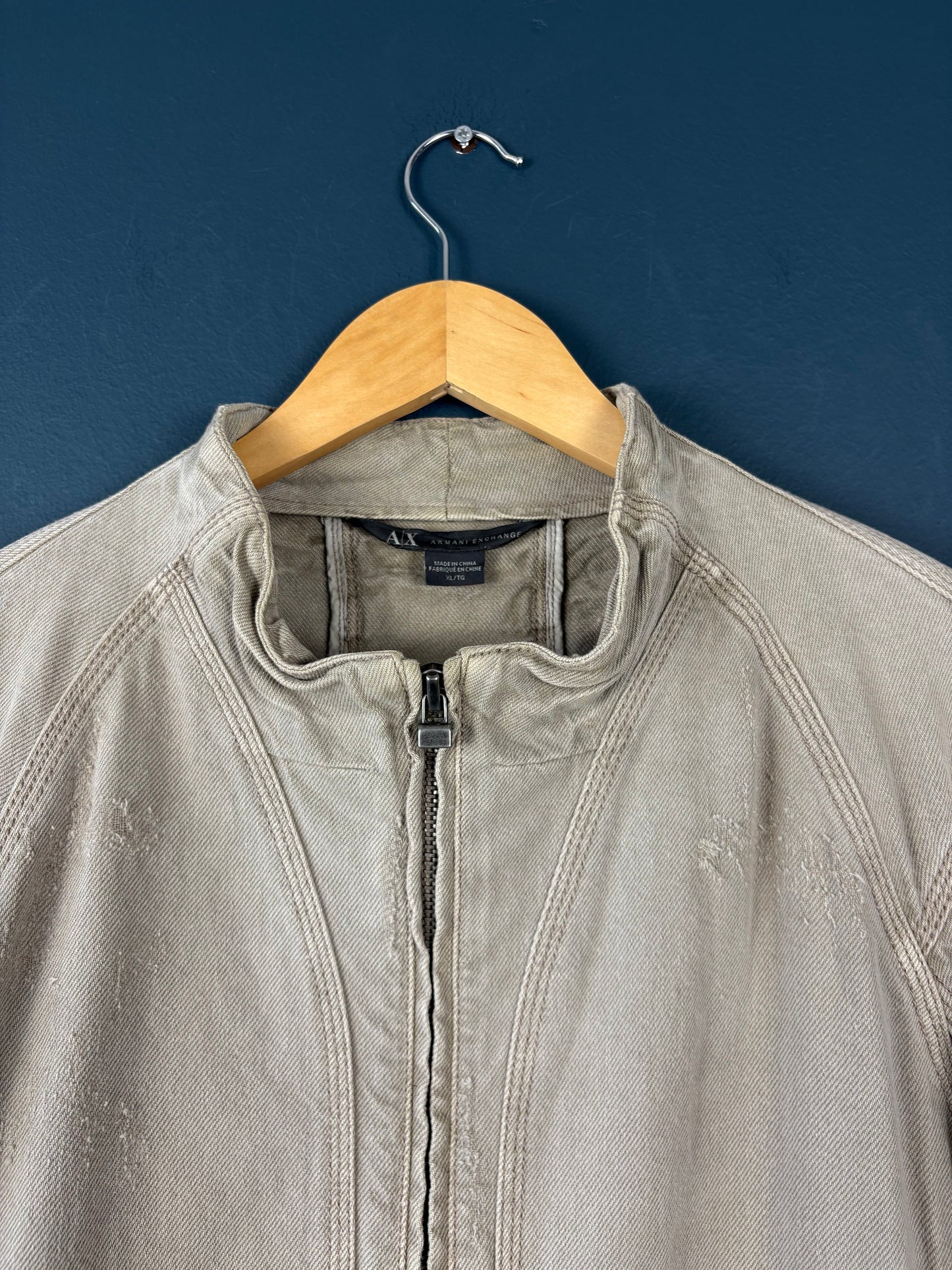 Vintage Armani Double Zip Beige Cotton Motorcycle Jacket (XL)