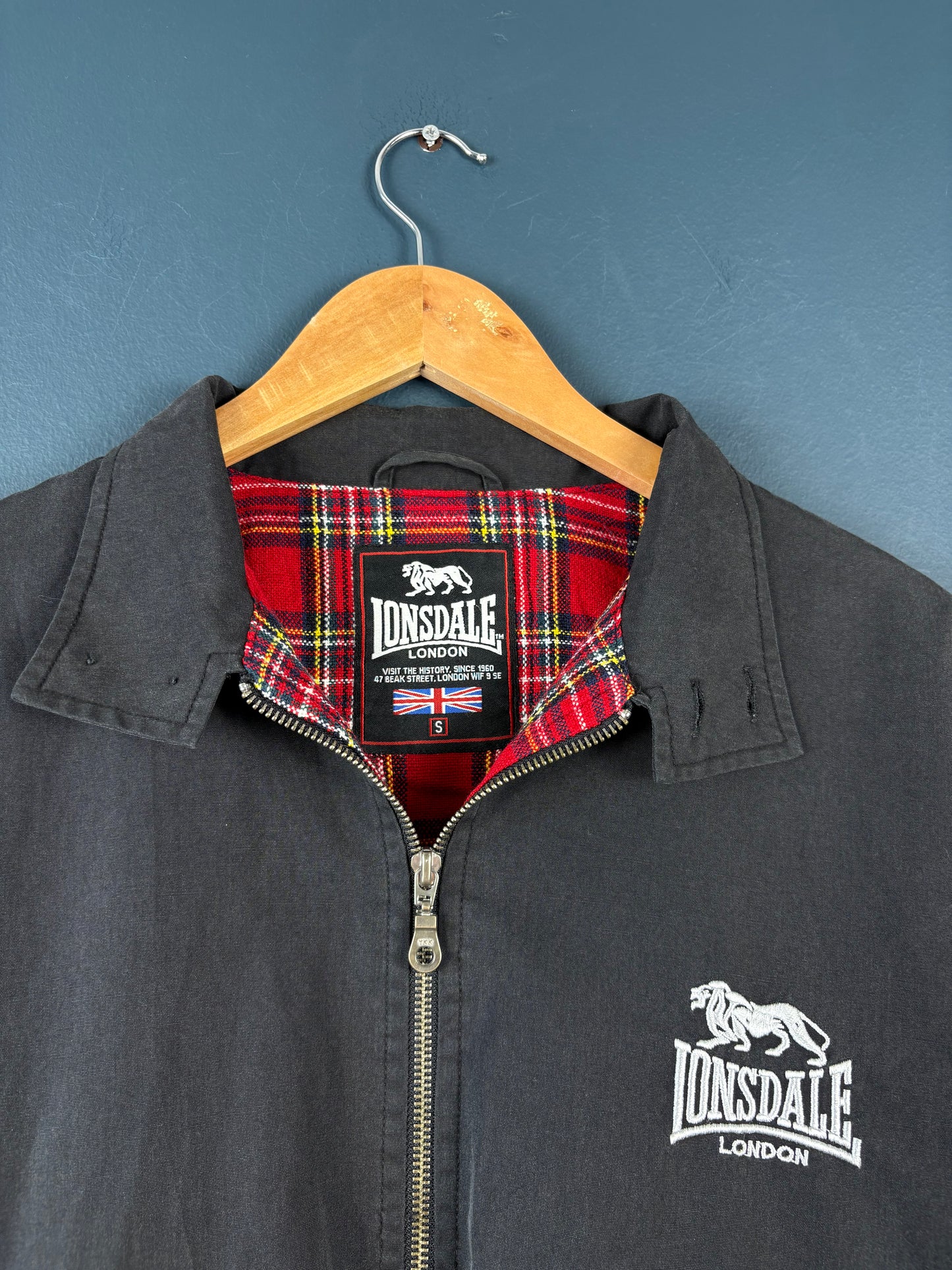 Vintage 90s Lonsdale Plaid Lined Black Harrington Jacket (S)