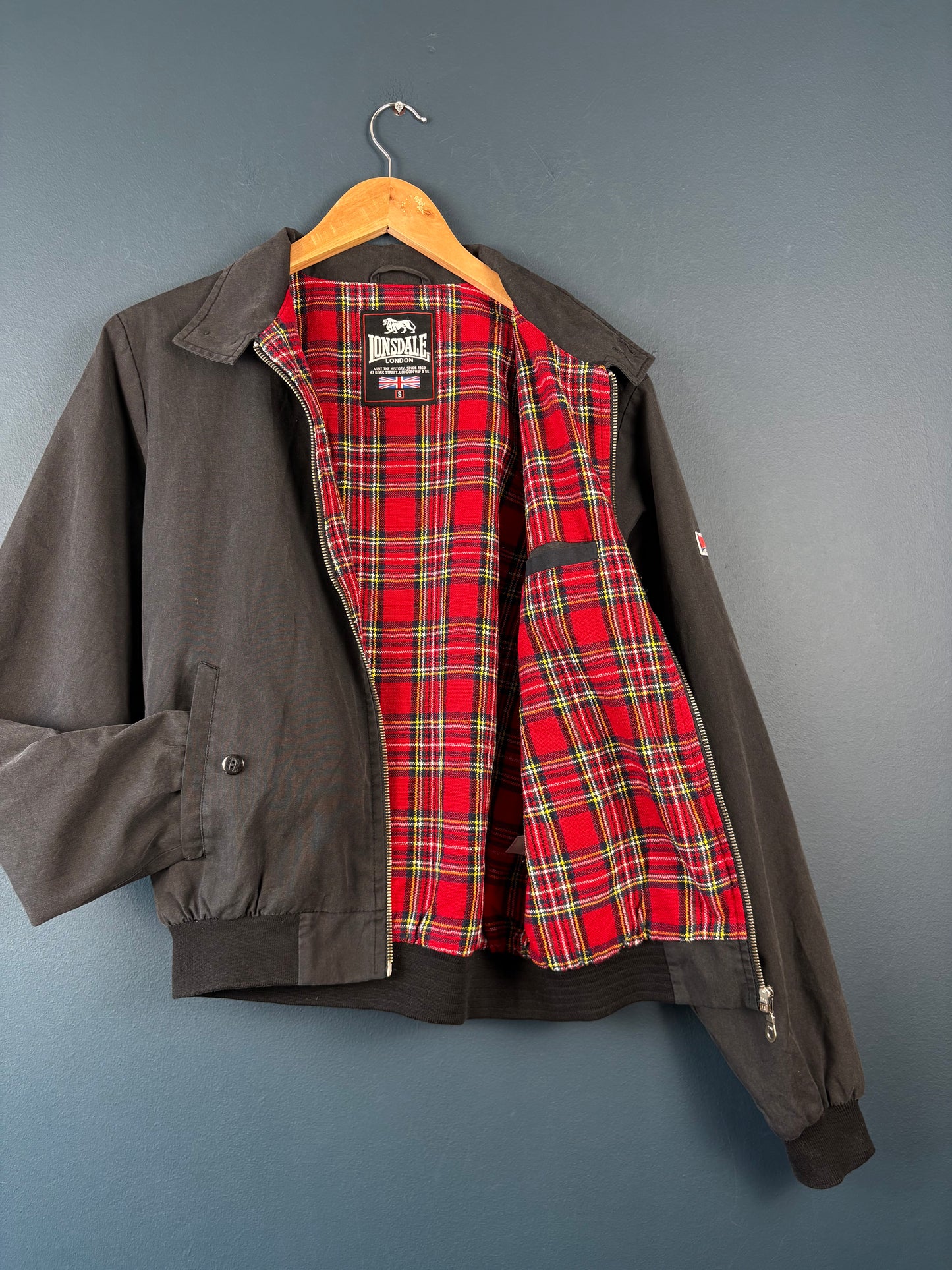 Vintage 90s Lonsdale Plaid Lined Black Harrington Jacket (S)