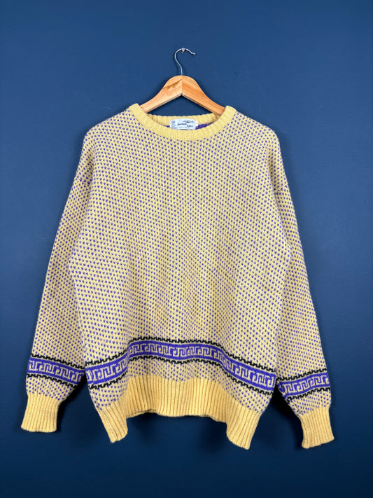 Vintage 70s Scottish Isles Wool Yellow + Purple Knit Jumper (L)