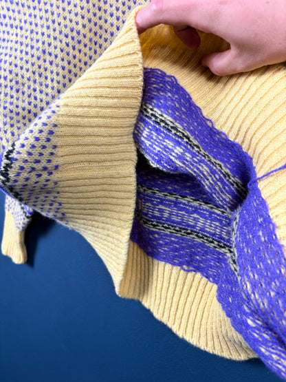 Vintage 70s Scottish Isles Wool Yellow + Purple Knit Jumper (L)