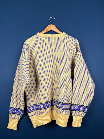Vintage 70s Scottish Isles Wool Yellow + Purple Knit Jumper (L)