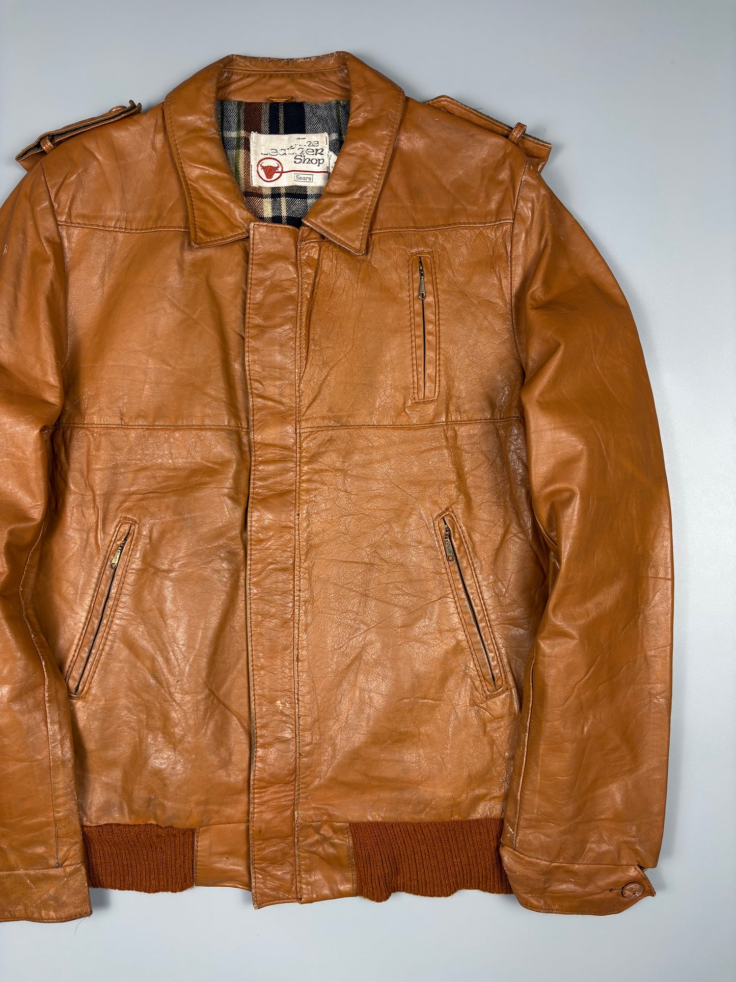 Vintage 1970s Sears Plaid Lined Leather Jacket (L)