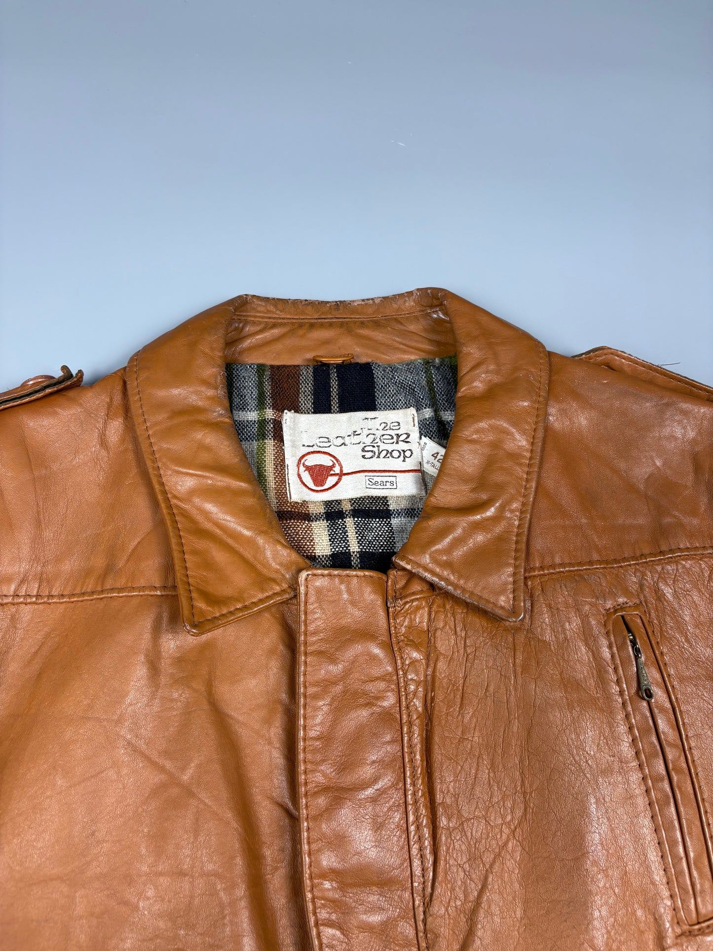 Vintage 1970s Sears Plaid Lined Leather Jacket (L)