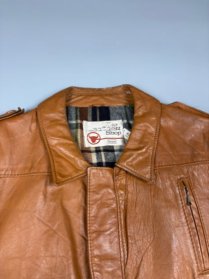 Vintage 1970s Sears Plaid Lined Leather Jacket (L)