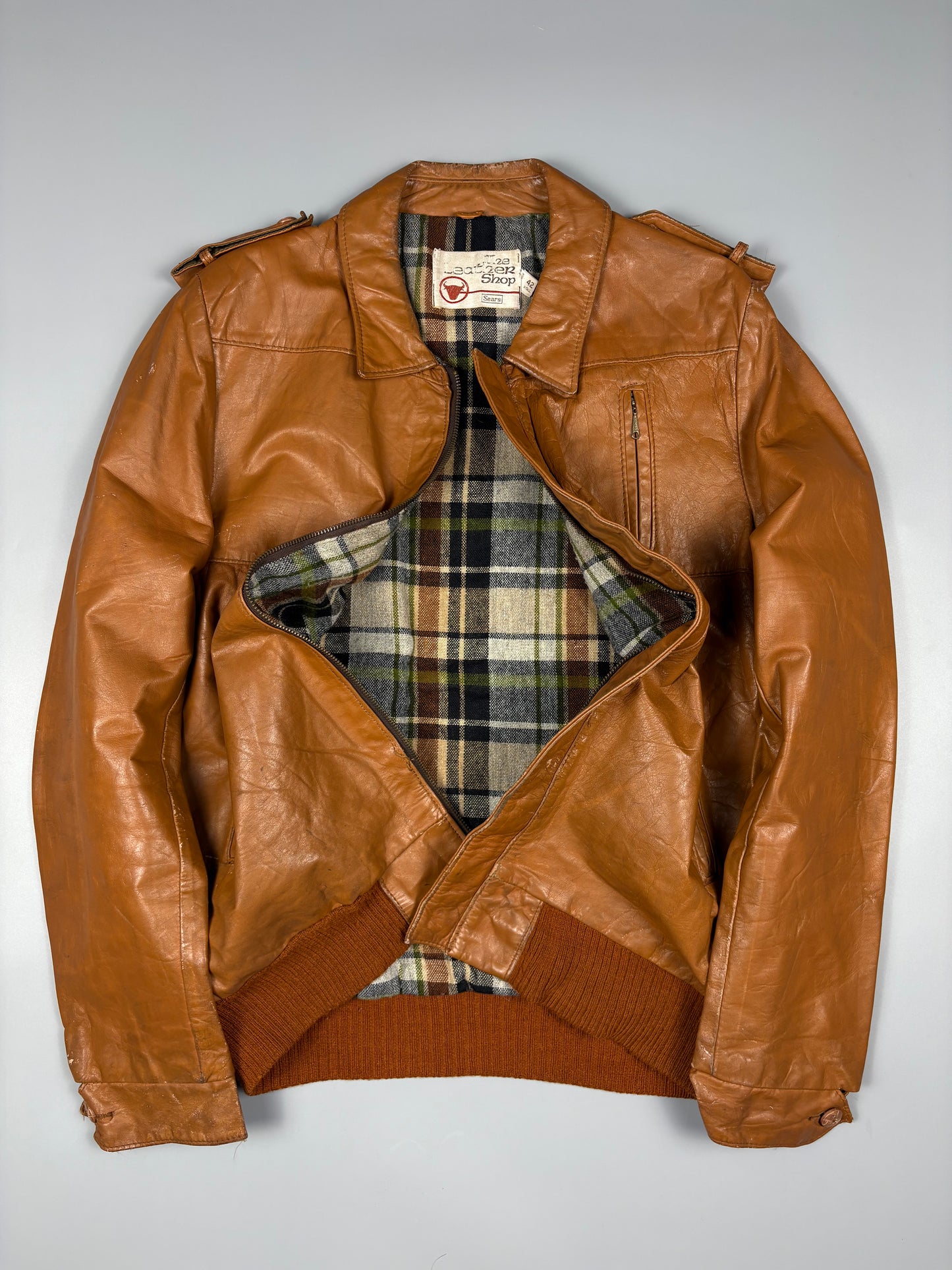 Vintage 1970s Sears Plaid Lined Leather Jacket (L)