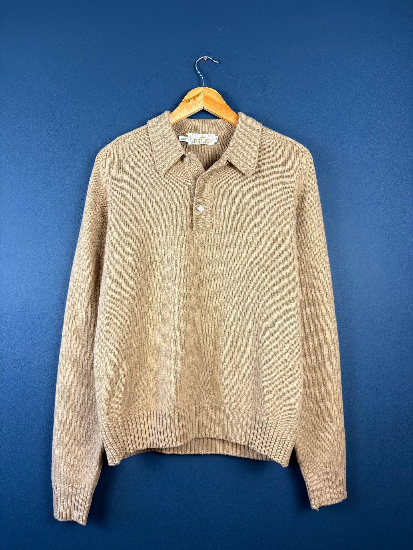 Vintage 1980s British Wool Beige Collared Knit Sweater (L)