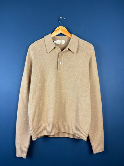 Vintage 1980s British Wool Beige Collared Knit Sweater (L)