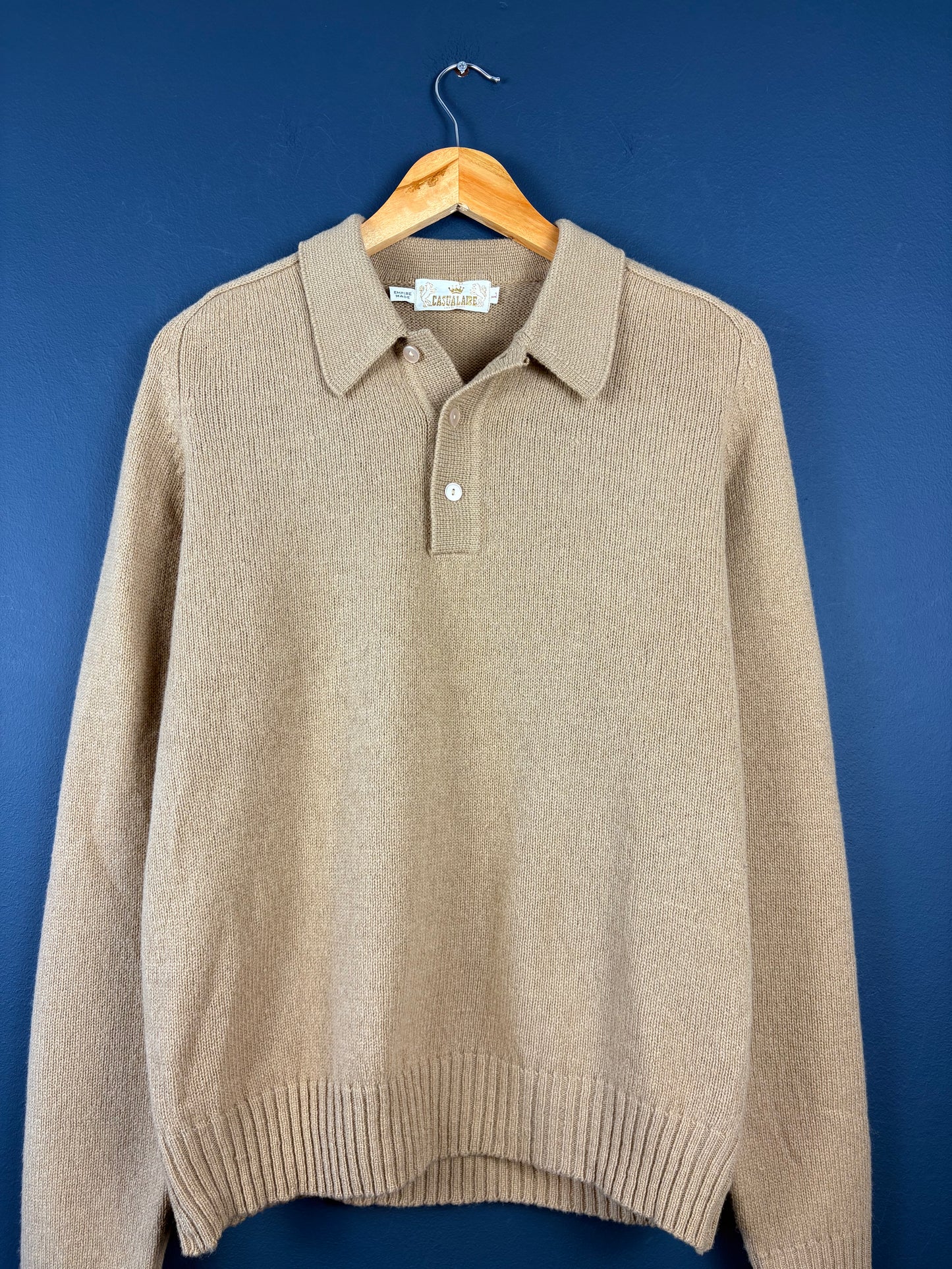 Vintage 1980s British Wool Beige Collared Knit Sweater (L)