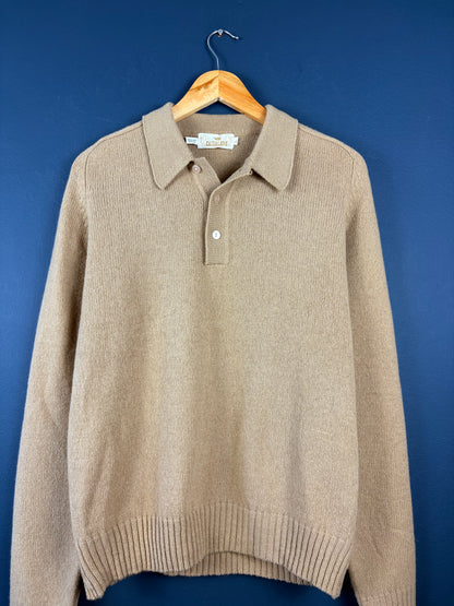 Vintage 1980s British Wool Beige Collared Knit Sweater (L)