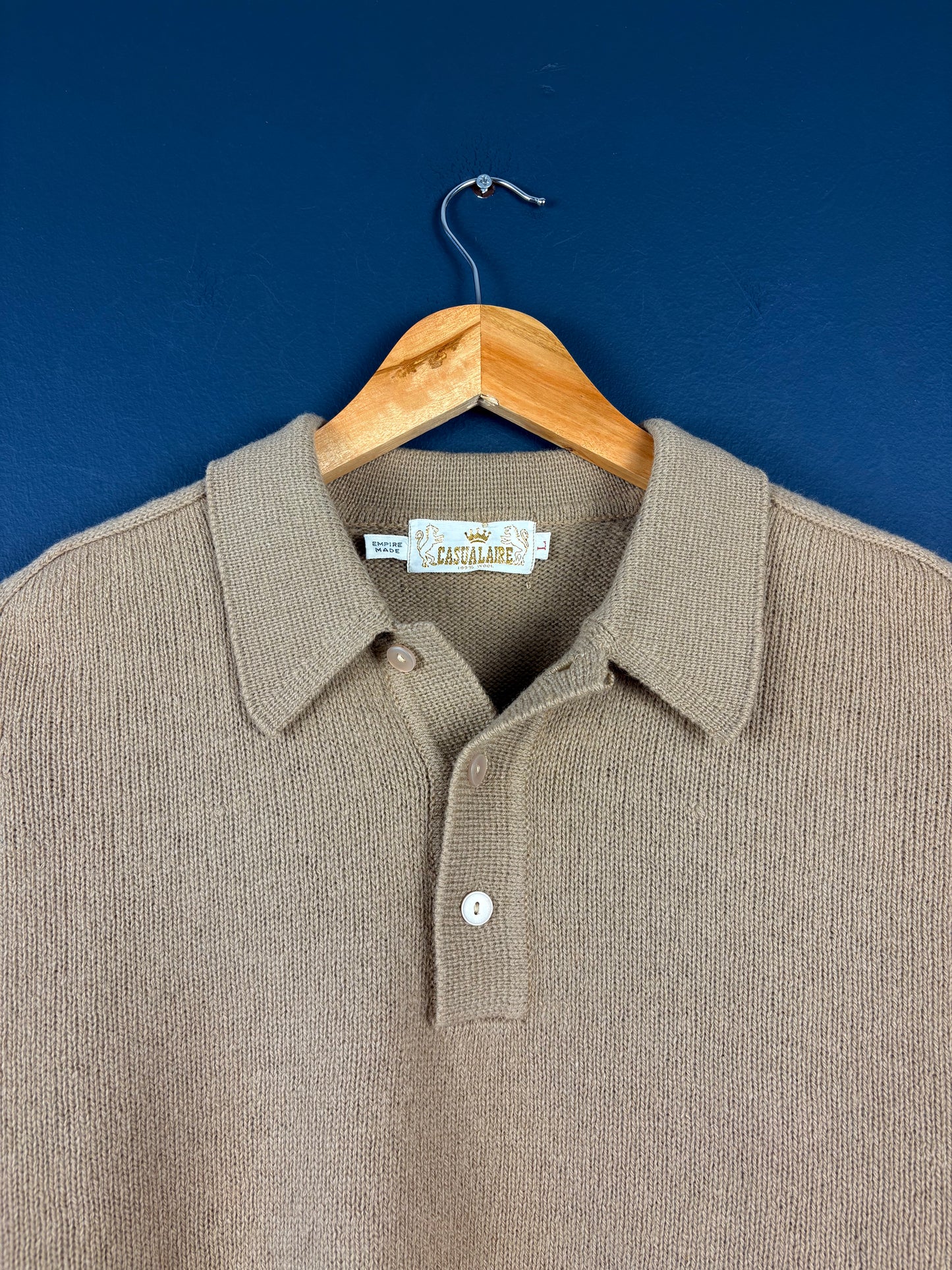 Vintage 1980s British Wool Beige Collared Knit Sweater (L)