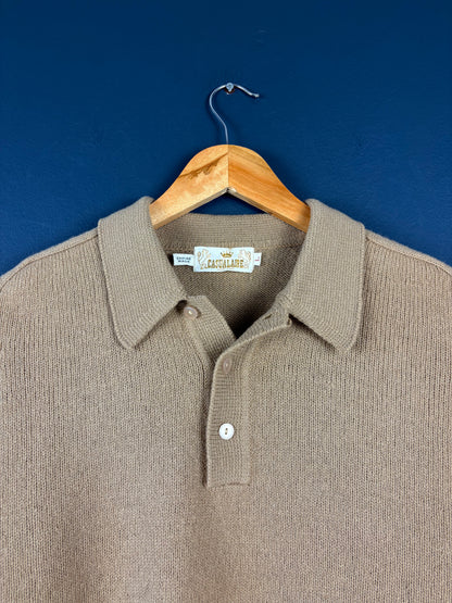 Vintage 1980s British Wool Beige Collared Knit Sweater (L)