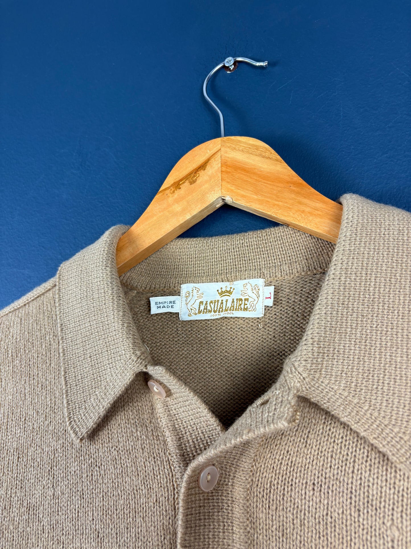 Vintage 1980s British Wool Beige Collared Knit Sweater (L)