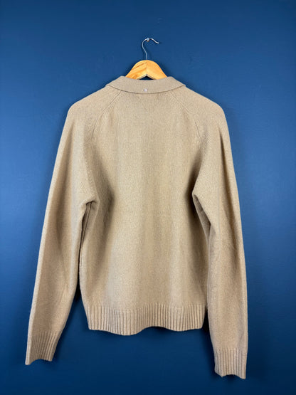 Vintage 1980s British Wool Beige Collared Knit Sweater (L)