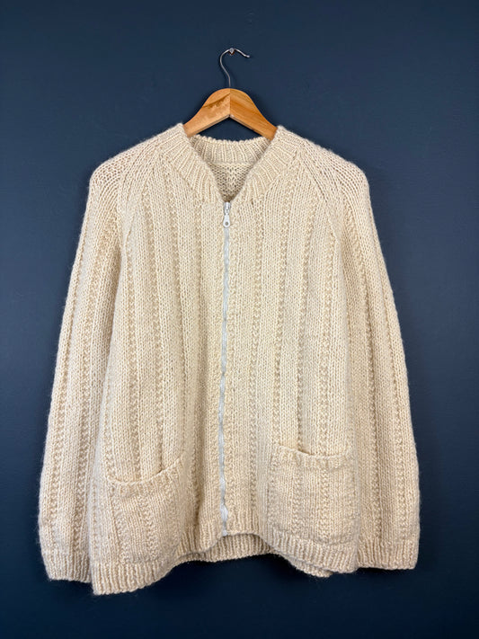 Vintage 1980s Ribbed Knit Zip-up Cream Sweater (L)