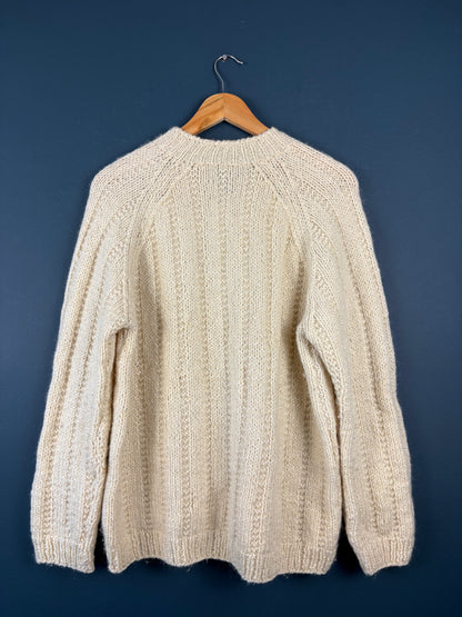 Vintage 1980s Ribbed Knit Zip-up Cream Sweater (L)