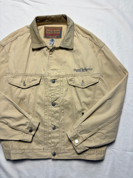 Vintage Diesel Industry Beige Leather + Canvas Trucker Jacket (L)