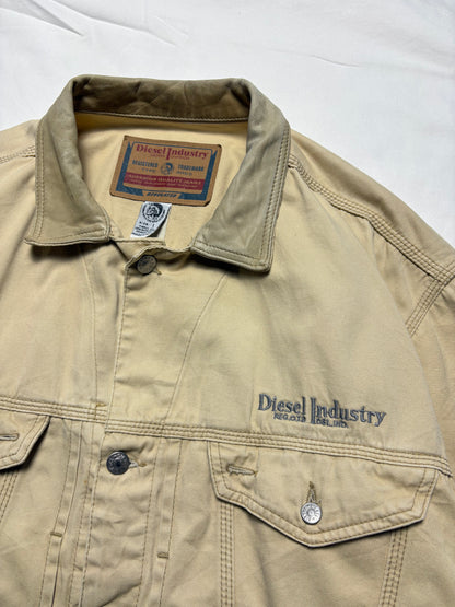 Vintage Diesel Industry Beige Leather + Canvas Trucker Jacket (L)