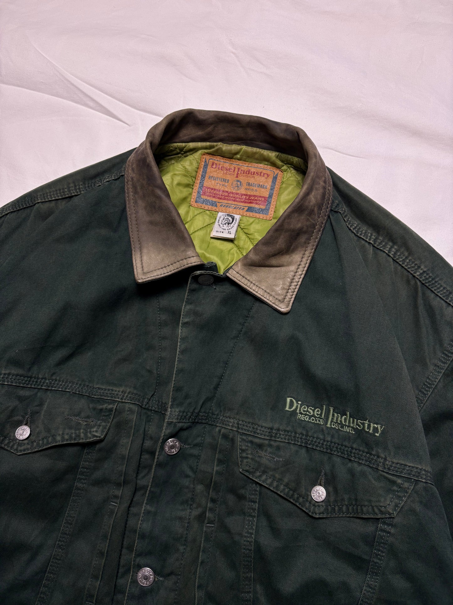 Vintage Diesel Industry Dark Green Quilted Trucker Jacket (XL)