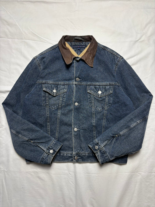 Vintage Tommy Hilfiger Dark Denim Leather Collar Jacket (L)9