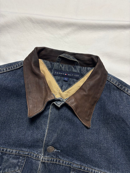 Vintage Tommy Hilfiger Dark Denim Leather Collar Jacket (L)9