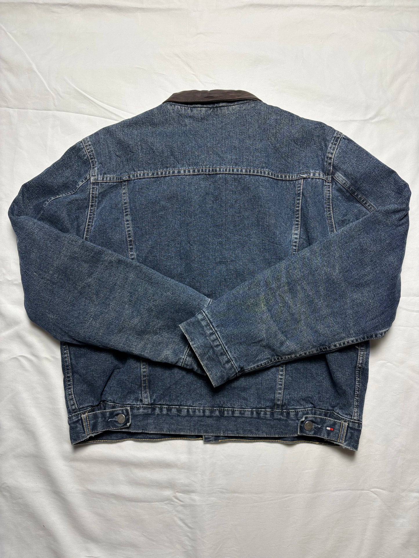 Vintage Tommy Hilfiger Dark Denim Leather Collar Jacket (L)9