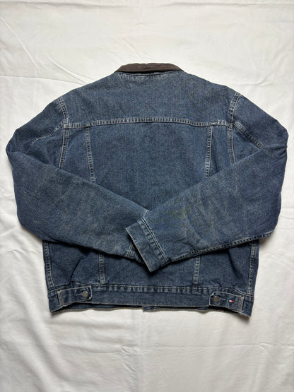 Vintage Tommy Hilfiger Dark Denim Leather Collar Jacket (L)9
