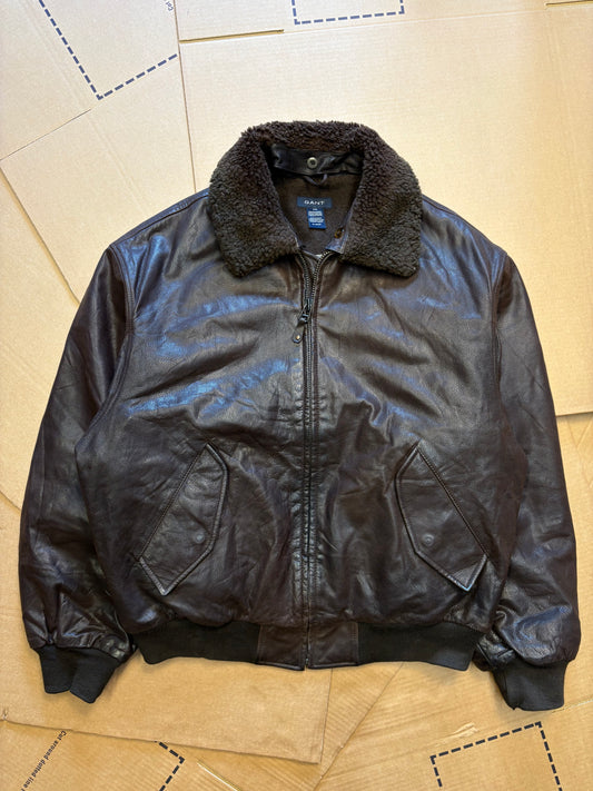 Vintage GANT Fur Collar Dark Brown Leather Jacket (S)