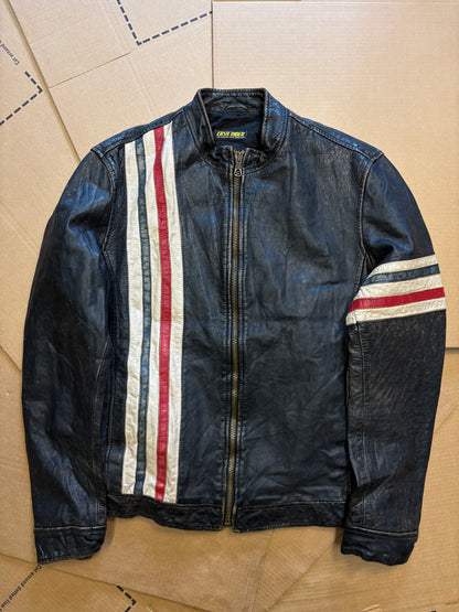 Vintage Italian Black Racing Stripe Leather Jacket (M)