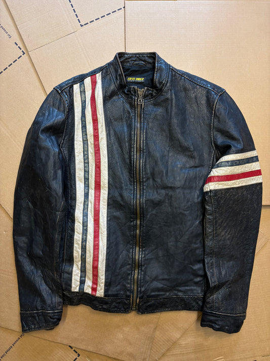 Vintage Italian Black Racing Stripe Leather Jacket (M)