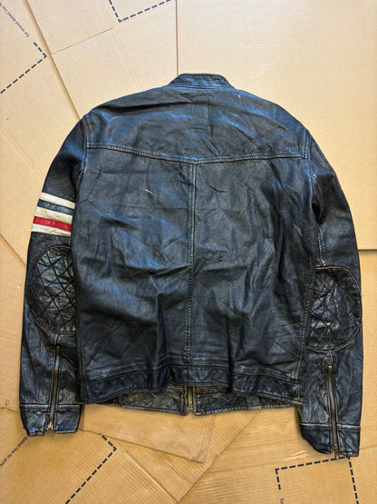 Vintage Italian Black Racing Stripe Leather Jacket (M)